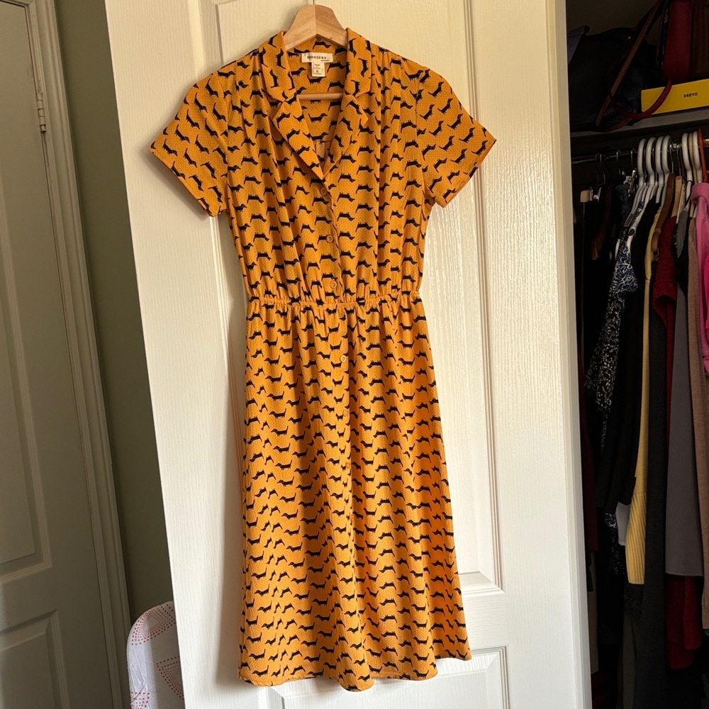 Monteau Mustard Dog Print Midi Dress - Picture 1 of 4
